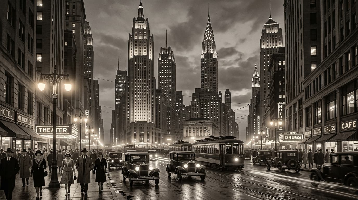 Art Deco metropolis in 1920s with vintage automobiles, illuminated theater marquees, and towering skyscrapers