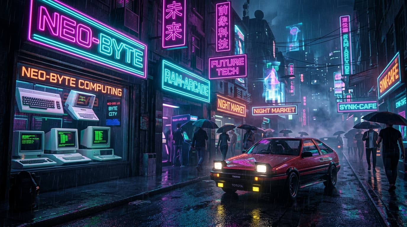 1980s neon-lit rain boulevard with retro computing storefronts, sports car, and electric magenta signage