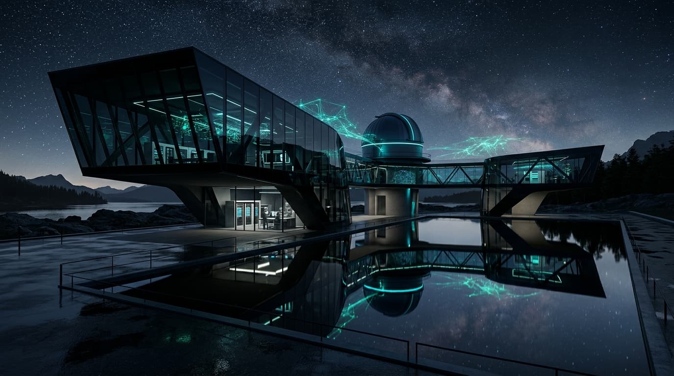 Futuristic dark glass quantum observatory over calm reflective water under starlit cosmos